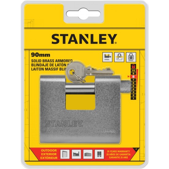  Stanley Páncélozott tömör sárgaréz lakat 90mm (S742-024) - szerszamdiler.hu